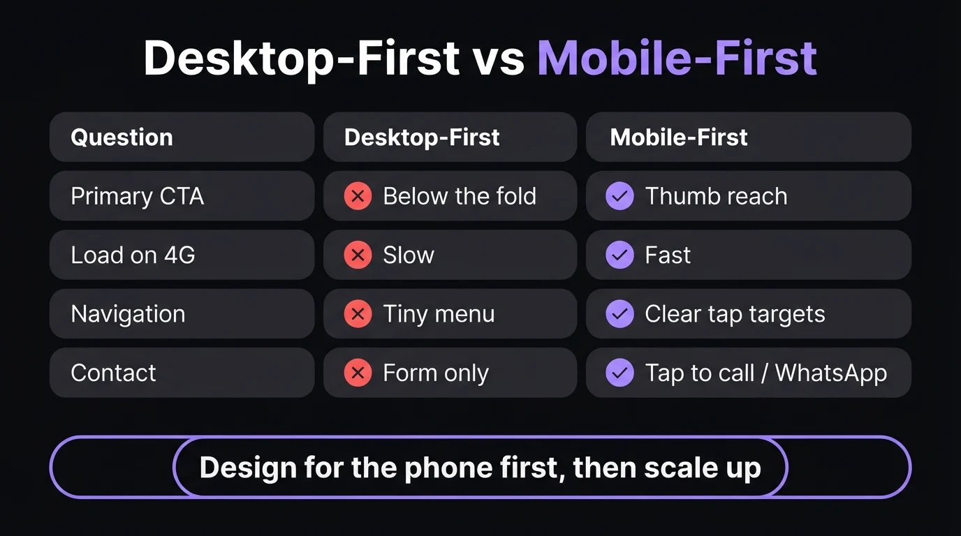Comparison infographic: desktop-first versus mobile-first design — primary call to action, loading on 4G, navigation and contact options, with mobile-first winning each row